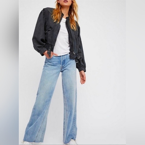 Free People Black Poet Bishop Sleeve Cotton Linen Jacket Size S - Picture 3 of 8